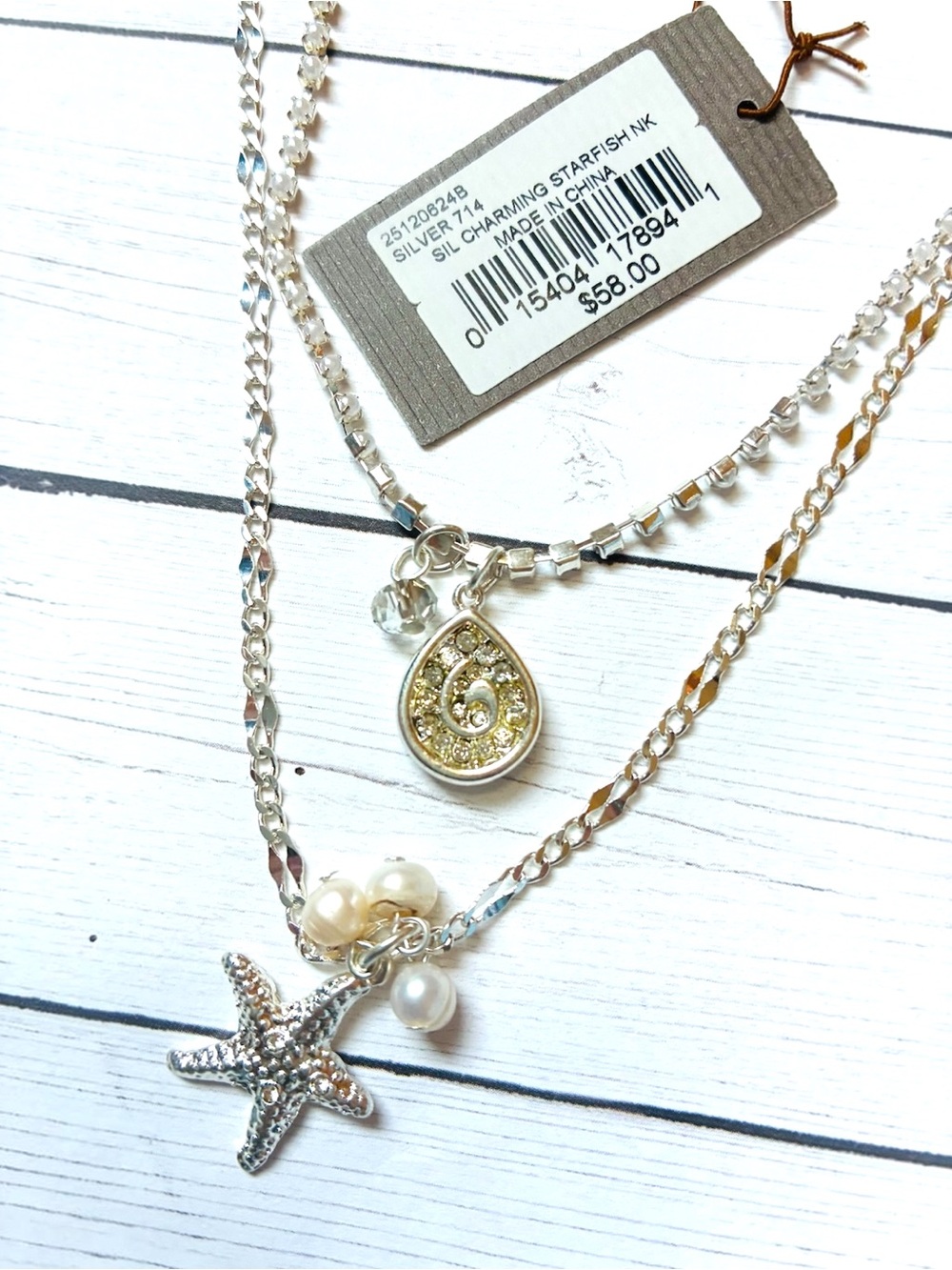 New NWT Tommy Bahama Silver Layered Starfish Pearl Rhinestone Necklace $58 Tag - Picture 2 of 3